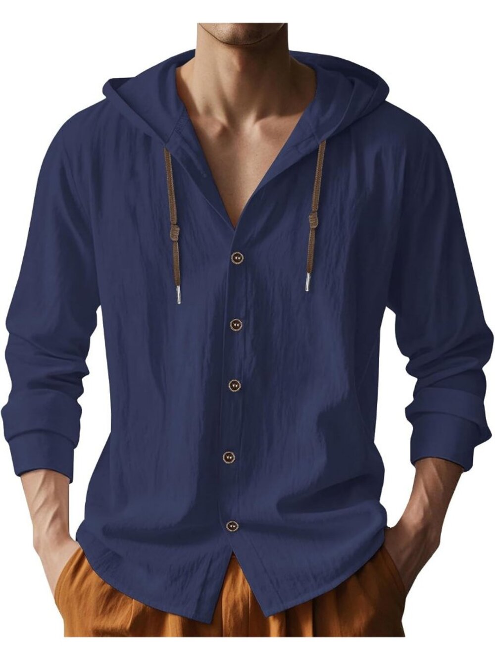 Men's Navy Cotton Linen Long Sleeve Top Casual Lightweight Button Down Hoodie